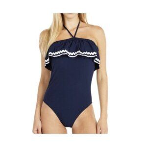 J. Crew Ruffle Trim Swimsuit One Piece 6 Navy Blue White Textured EUC Halter